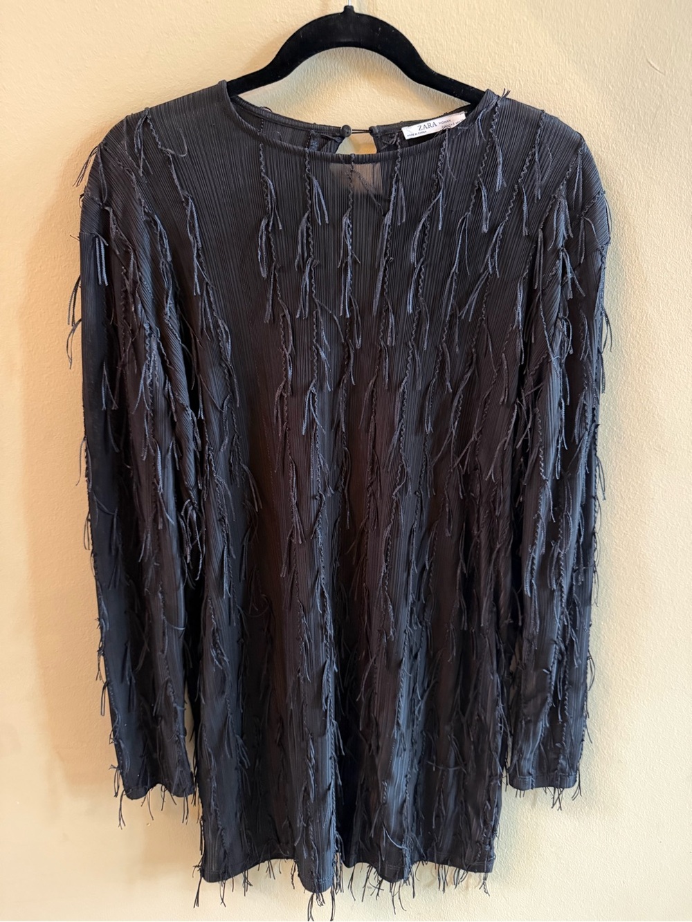 ZARA Black Fringe-Texture Long Sleeve swing dress